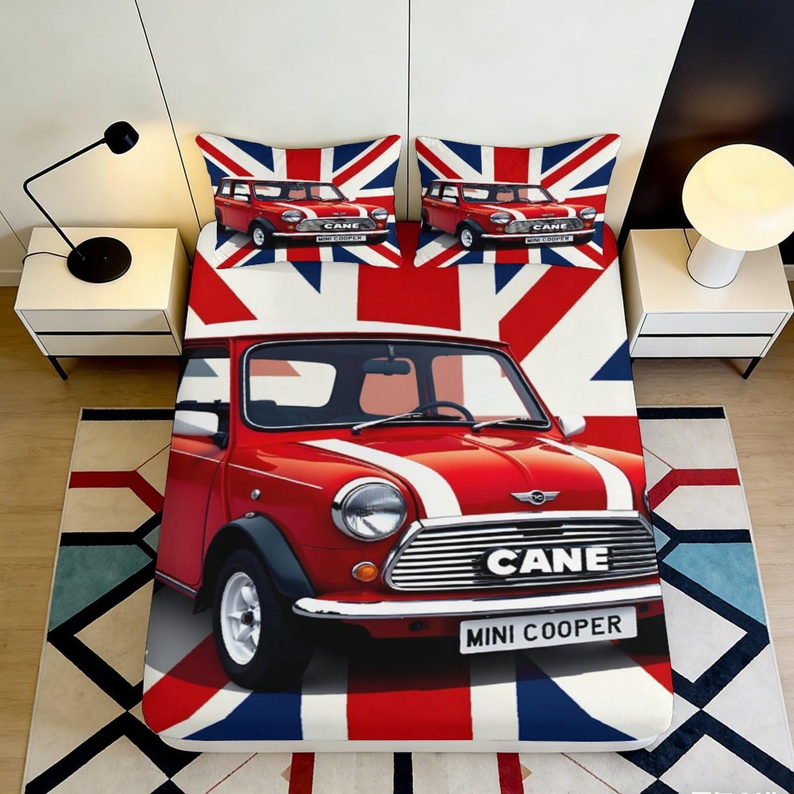3D Printed Union Jack Mini Cooper Fitted Sheet Microfiber Soft Breathable British Flag Bed Cover for Bedroom Dormitory Guest Room Mattress Protection 120x200x25cm