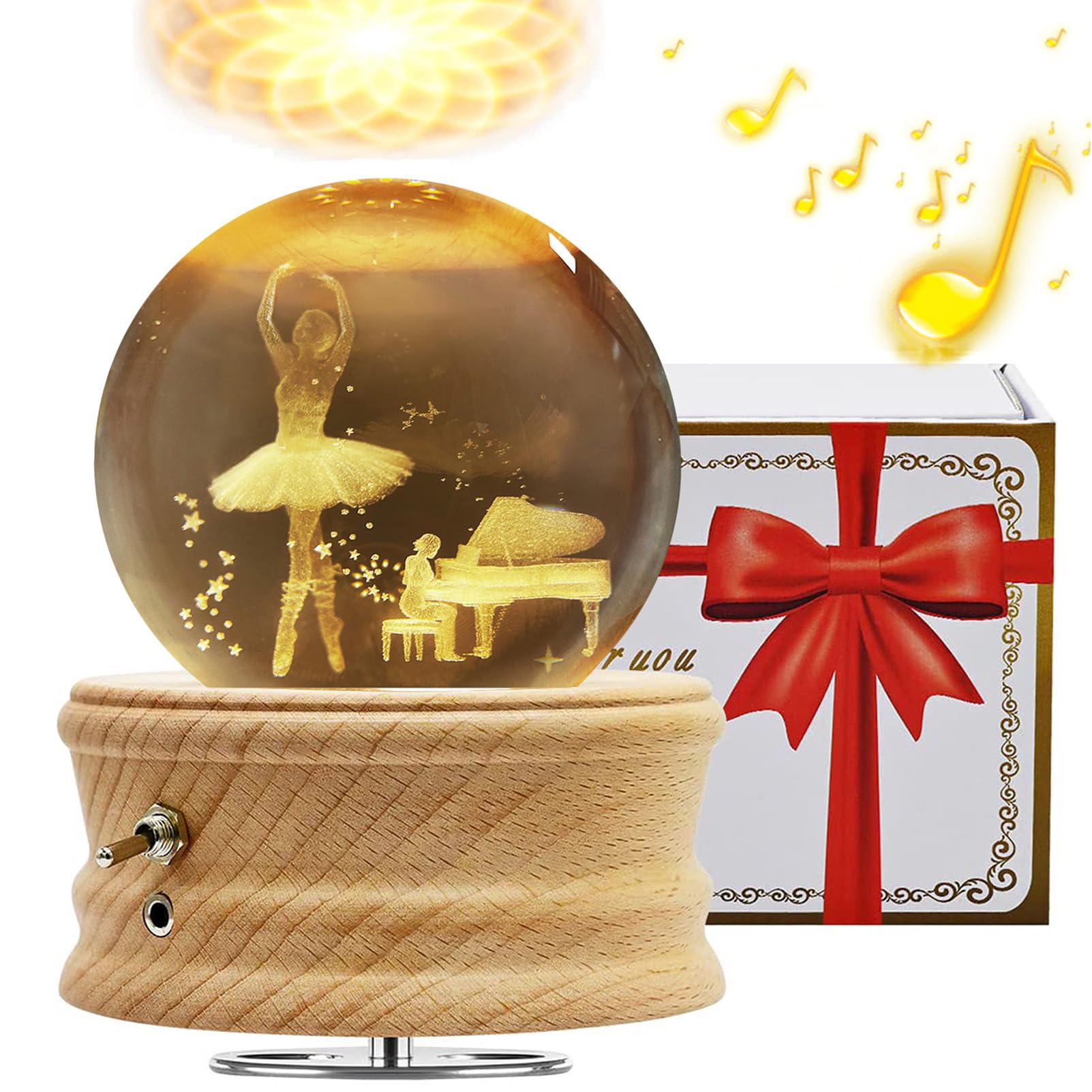 Caja de Música con Bola de Cristal 3D, Caja de Música Giratoria 360° Luminosa con Proyección de luz y Base de Madera para Niños, Esposas, Madres, Regalo Decorativo Creativo(Princesa de Ballet)