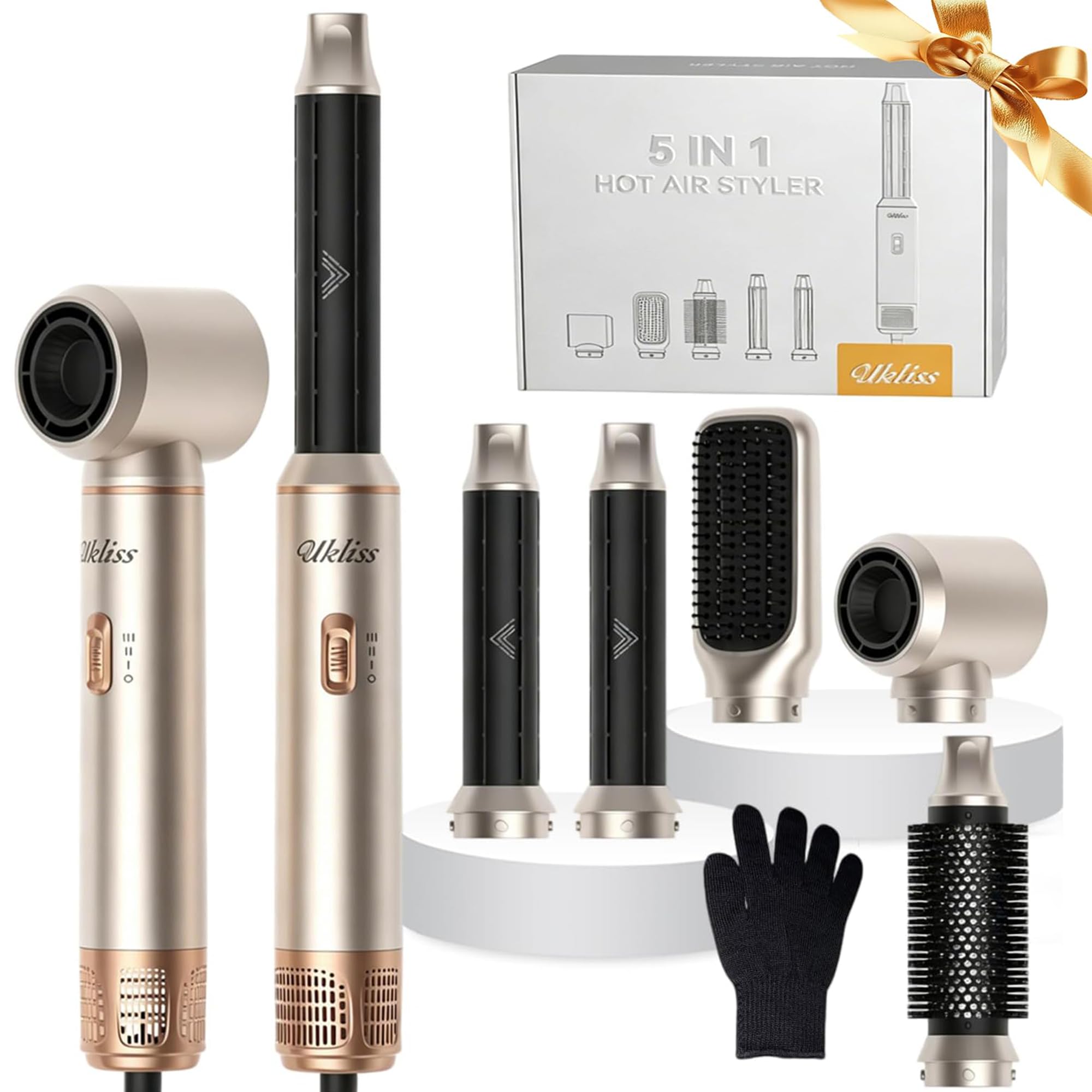 UKLISS 5 in 1 Hairstyler - Airstyler Pro Hair Styler Set 1000w Haarstyler | Rundföhnbürste zum Trocknen und Stylen mit Air Curler, Föhnbürste, Warmluftbürste, Haartrockner, Glättbürste - Silber Gold