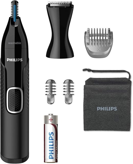 Philips Series 5000 NT5650/16 Trymer do brwi, nosa i uszu, pełny komfort bez wyrywania, system Protective Guard, możliwość mycia w wodzie, bateria AA, 2 nasadki do brwi, etui, czarny