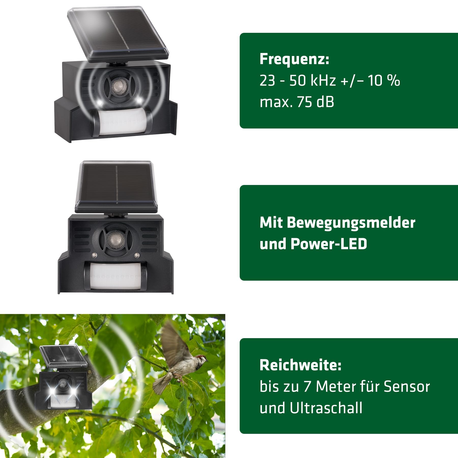 GARDIGO Vogelabwehr Ultraschall Solar mit LED Blitzlicht, 23-50 kHz