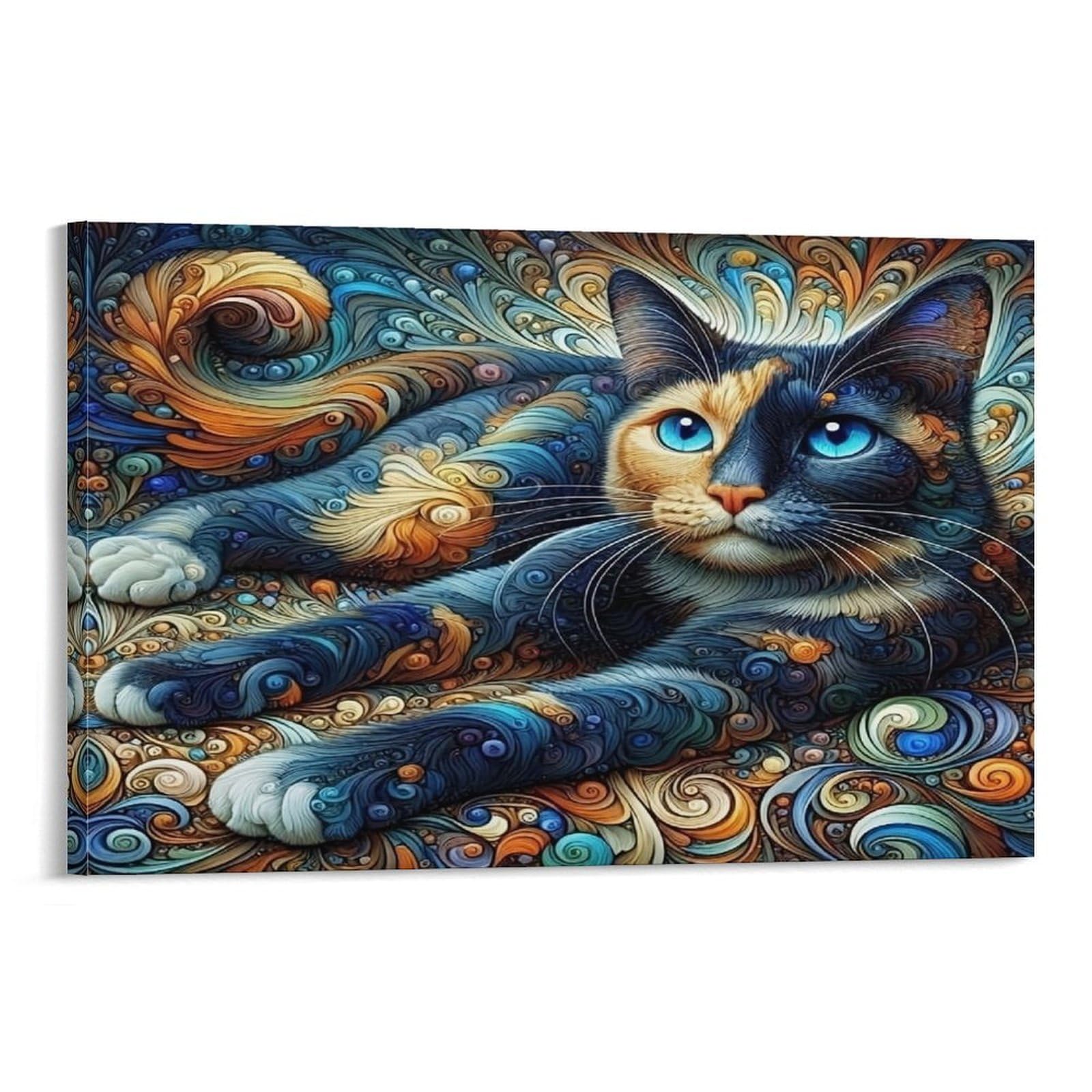 CPLVKWRQJ Abstract Cat Art 1 Piece Colorful Cat with Blue Eyes Framed Canvas Print - Living Room Focal Point Ready to Hang Gallery Wall Decor 08x12inch(20x30cm)