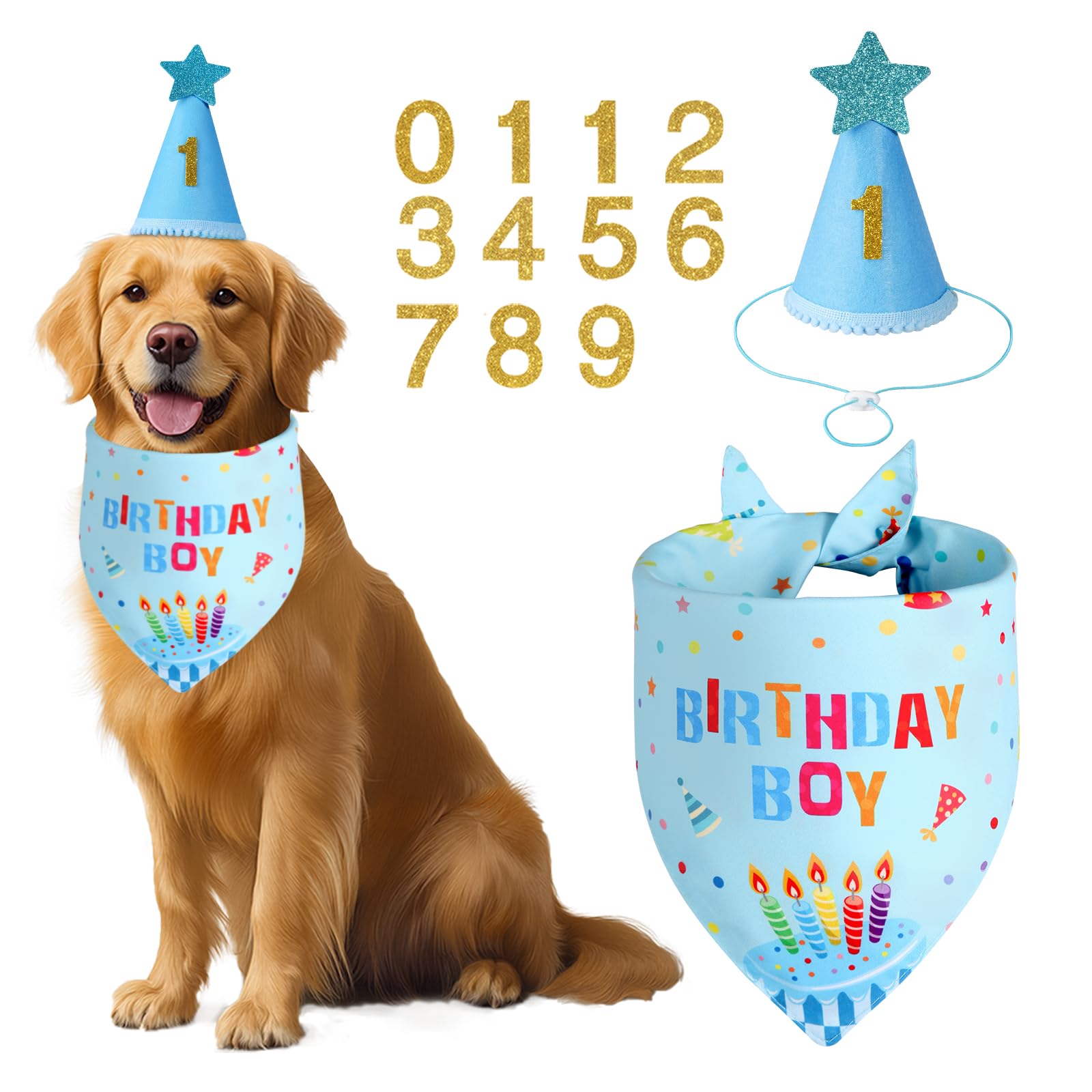 Dog Birthday Party Supplies with Hat Bandana Numbers Light Blue Dog Birthday Set for Large Medium Pets Puppy
