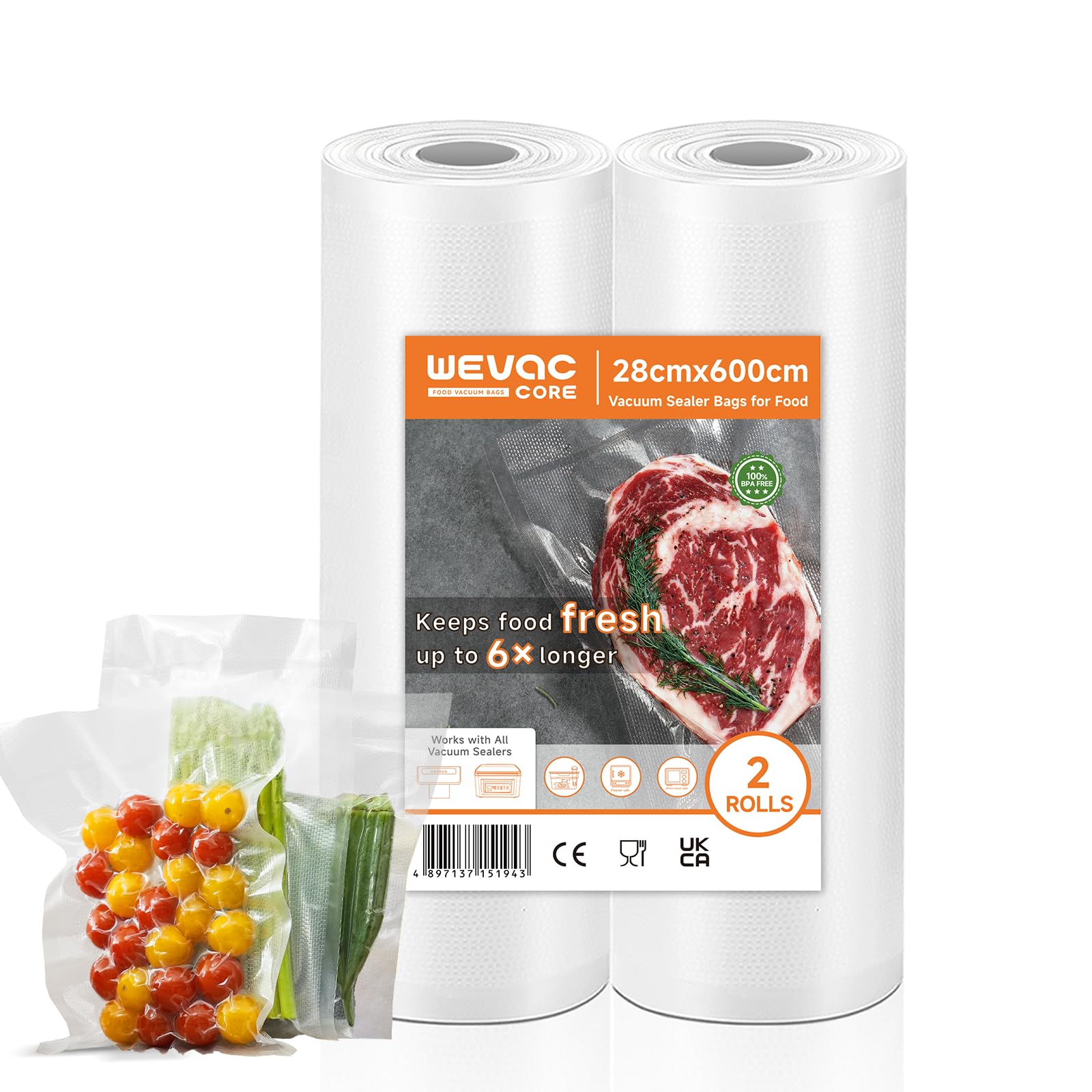 Wevac Core 2 Rolls Food Vacuum Sealer Bags, 28 x 600cm (12m Total) BPA-Free