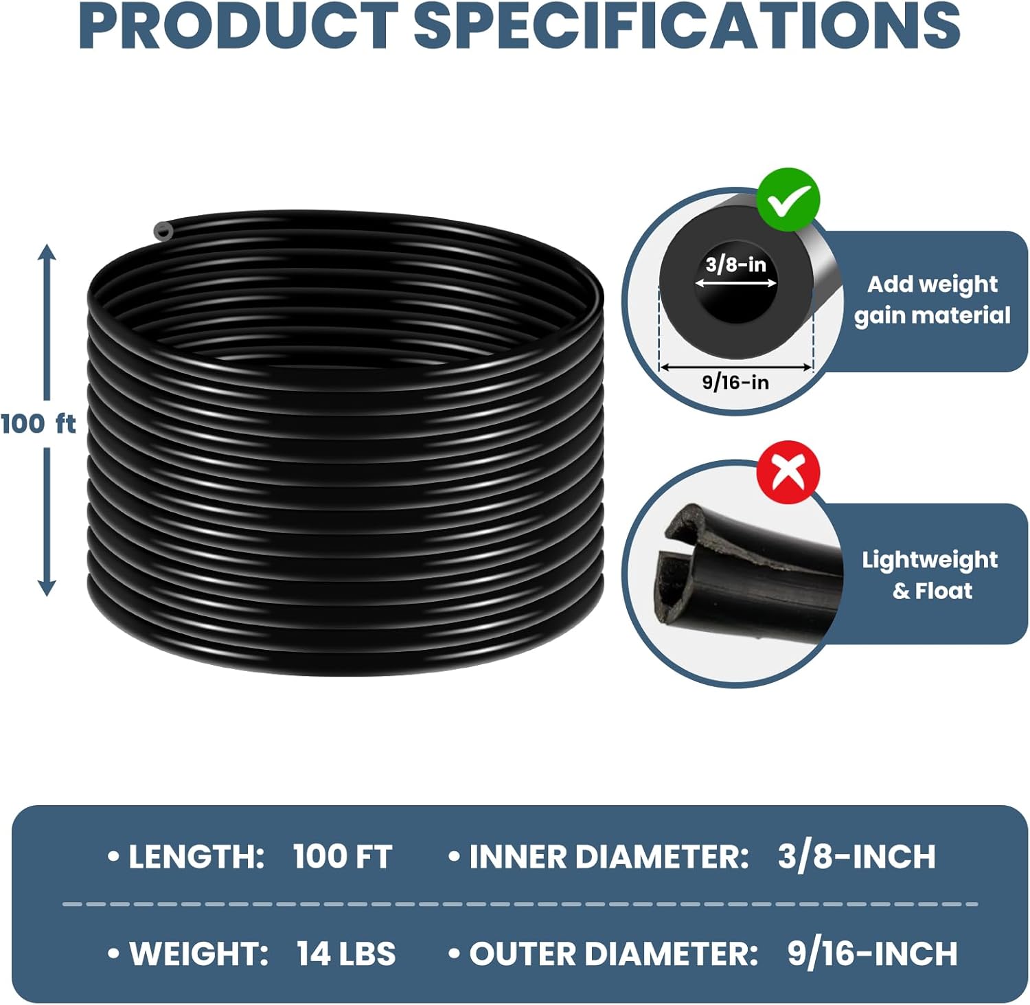 3/8 Inch Self Sinking Aeration Hose, 100 FT Weighted Aerator Hose Kit with 4 Stainless Steel Hose Clamps & 4 Copper Menders, Enhances Aeration & Water Recirculation Efficiency for Ponds, Gardens
