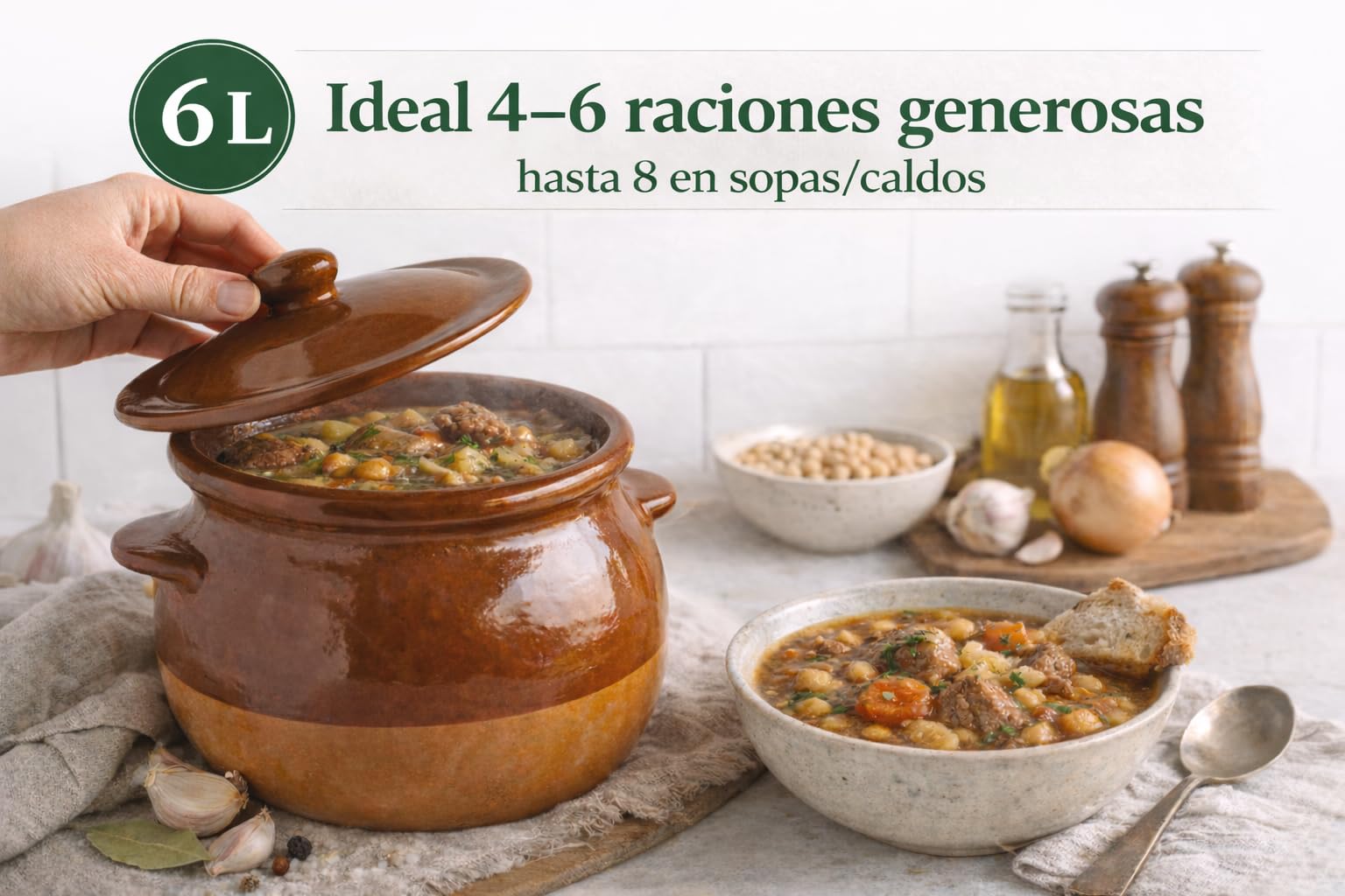 Olla/Puchero de Barro Refractario GRANDE Esmaltada 6 L – con Tapa y Asas – Incluye Cuchara de Madera + QR con Recetas y Guía – Cocción Lenta para Guisos Tradicionales