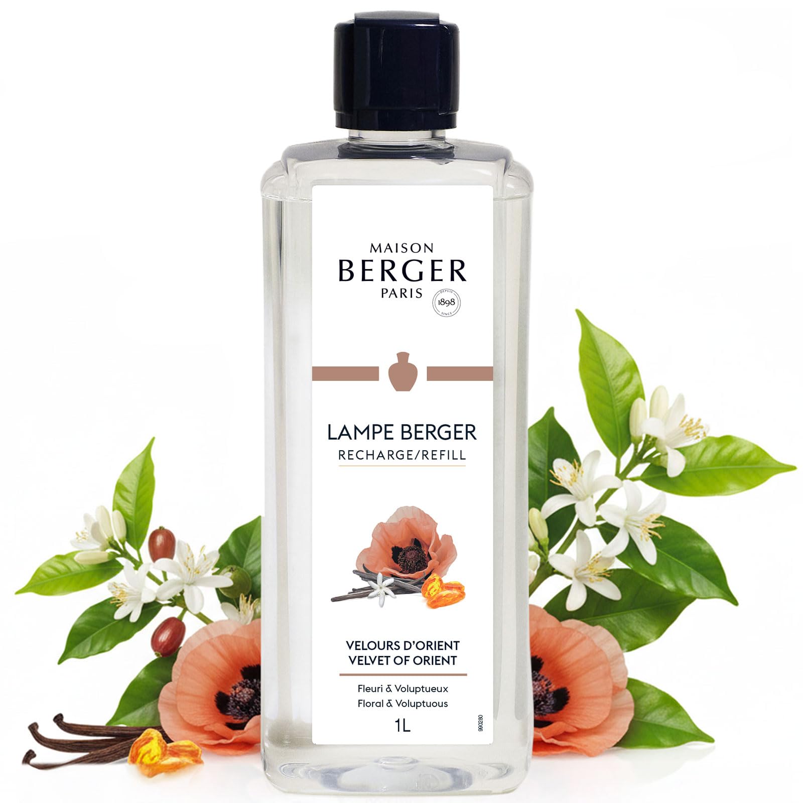MAISON BERGER Velvet of Orient Lamp Berger Fragrance Refill, 1 Liter – 2-in-1 Catalytic System, Neutralizes Odours Then Diffuses Fragrance, Intense Floral Oud with Amber and Opulent Musk