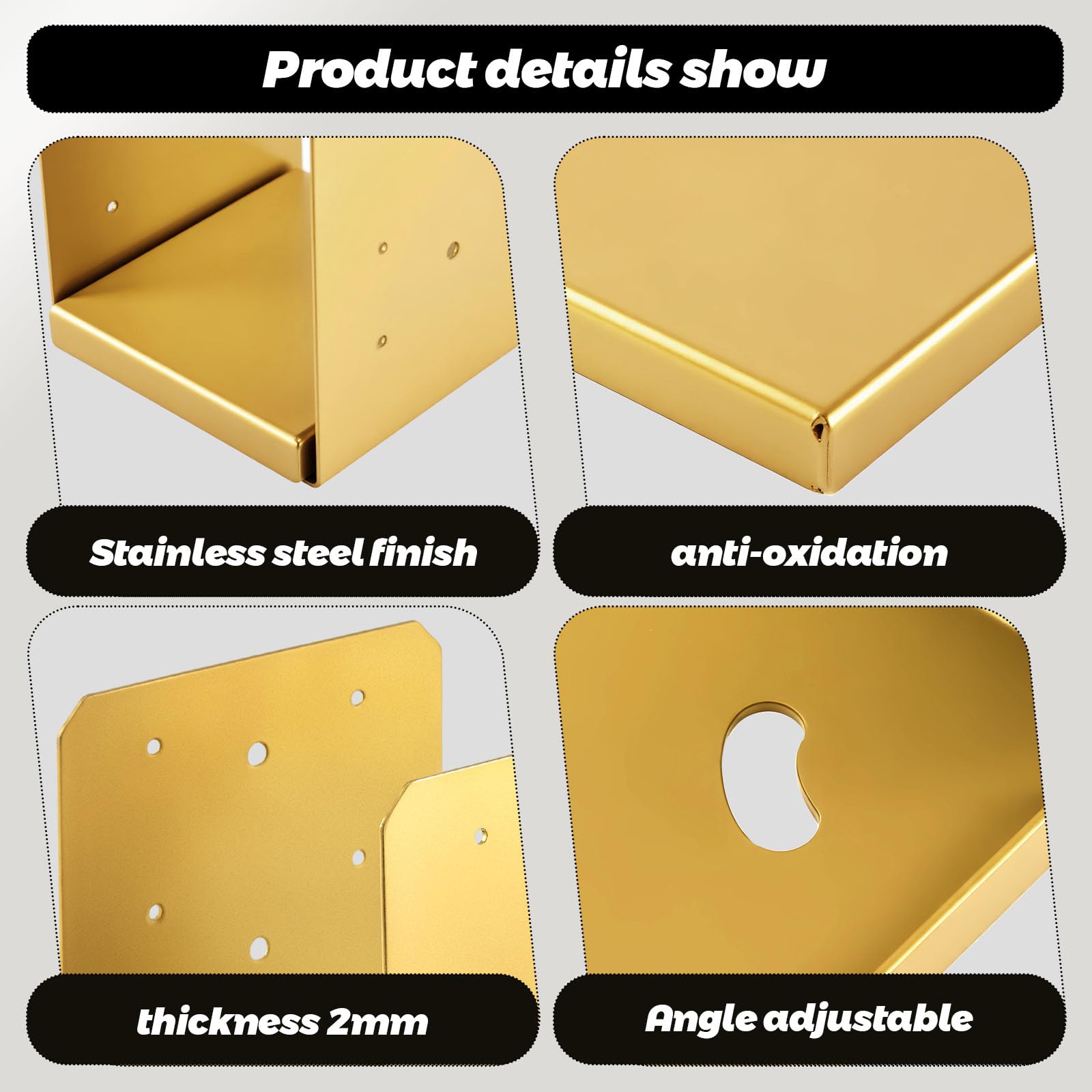 Base de poste de 8 x 8 pulgadas (dorada, 2 piezas) de anclaje de poste de acero inoxidable (tamaño interior: 7.5 x 7.5), soporte de poste ajustable para postes de madera de 8 x 8 pulgadas, placa de