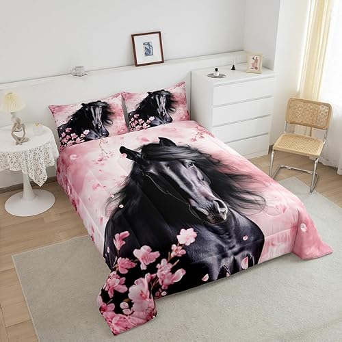 Miniatura 3 de Juego de edredón de cereza rosa, juego de ropa de cama de caballo negro, edredón vaquero de plumón occidental para niños y niñas, pétalos de flor de