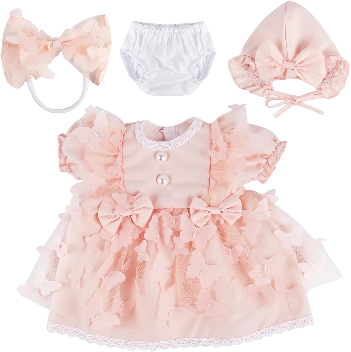 BABESIDE 4 Pcs Reborn Baby Doll Clothes Set for 17-22 Inch Babydolls, Pink Bow Dolls Dress with Hat Headband and Reusable Diaper for Realistic Baby Doll Accessories