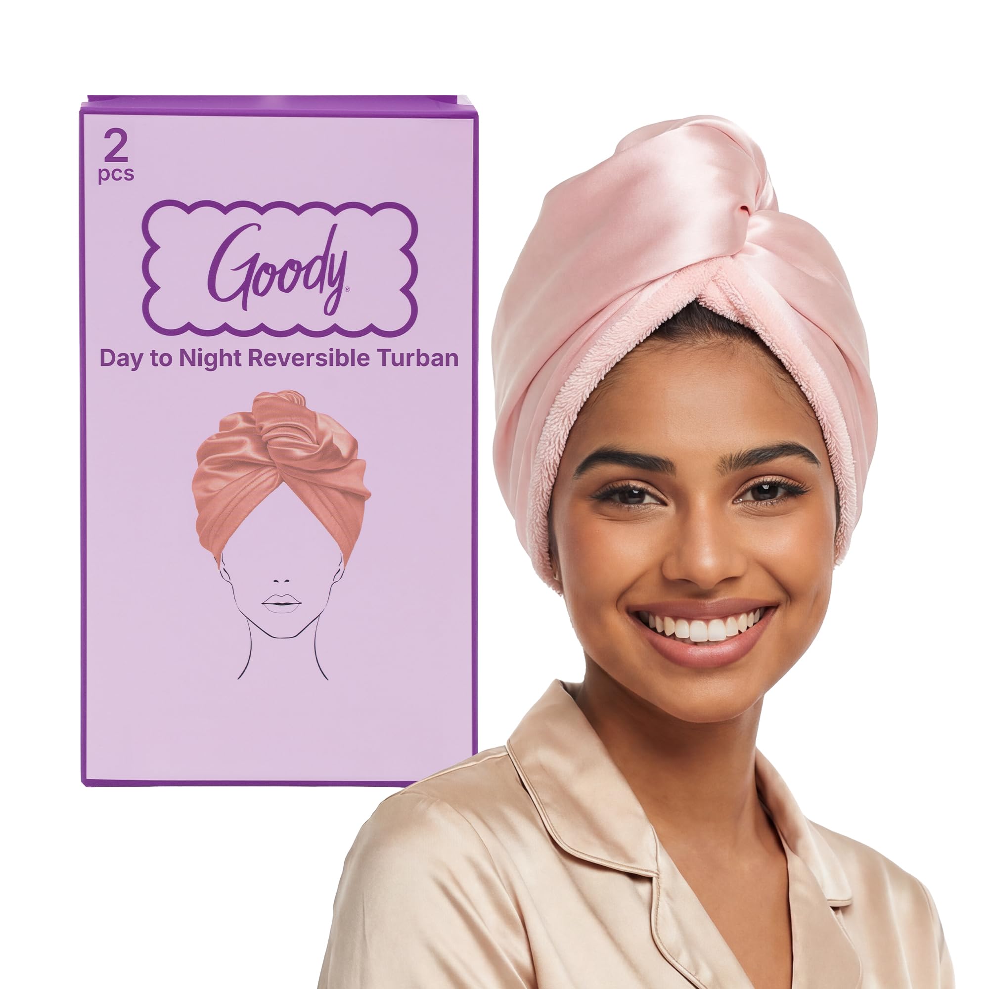 Goody Reversible Satin & Microfiber Turban, Day to Night Styling, Dual-Sided Microfiber Hair Towel Wrap for Quick-Drying, Satin Bonnet for Frizz-Control, For All Hair Types, Gift for Women & Girls