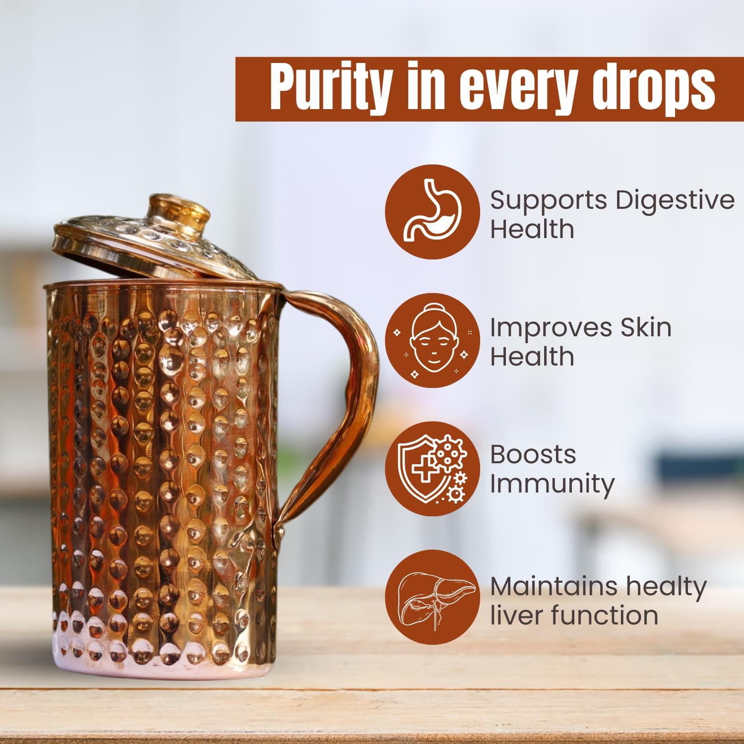 Copper Pitcher With Lid - 1500ml/50 Oz Pure Copper Handmade Hammered Jug, Drink More Water, Hammered copper water jug, Lower Your Sugar Intake And Enjoy The Health Benefits