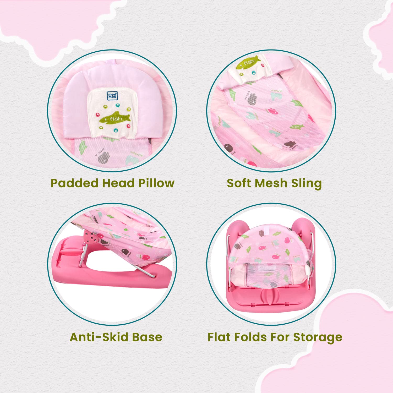 Mee Mee New Born Spacious Baby Bather Bath Chair For 0-12 Months | Easy Flat Folding, Washable Soft Mesh Large Seat And Foot Rest | 3 Position Adjustable Chair | Anti Skid Base | For Babies Upto 5 Kg (Pink) - Image 5 thumbnail