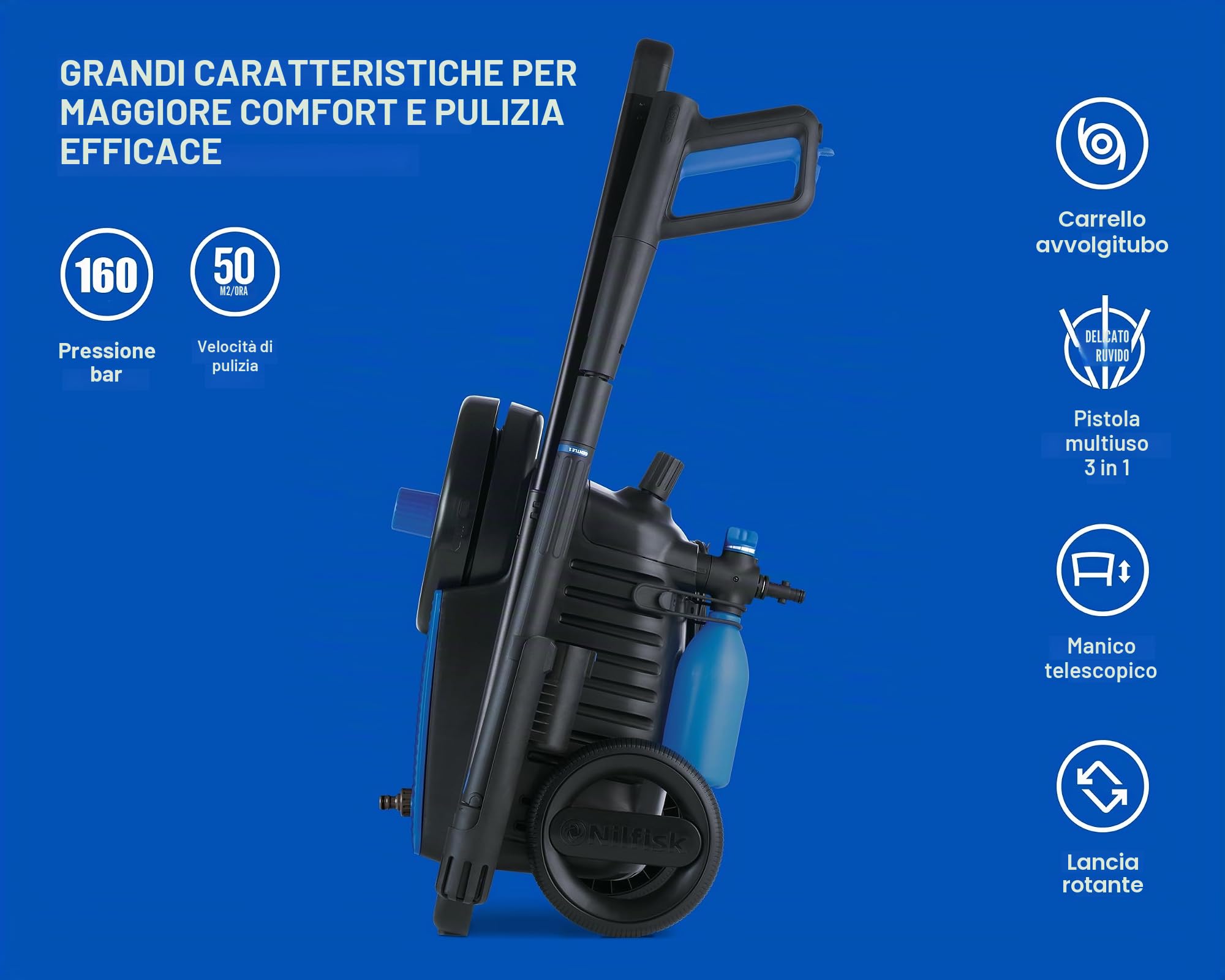 Idropulitrice Nilfisk Excellent 160 Bar - Idropulitrice ad Alte Prestazioni + Power Foam Blaster - Per Grandi Terrazze e Automobili (2300 W)