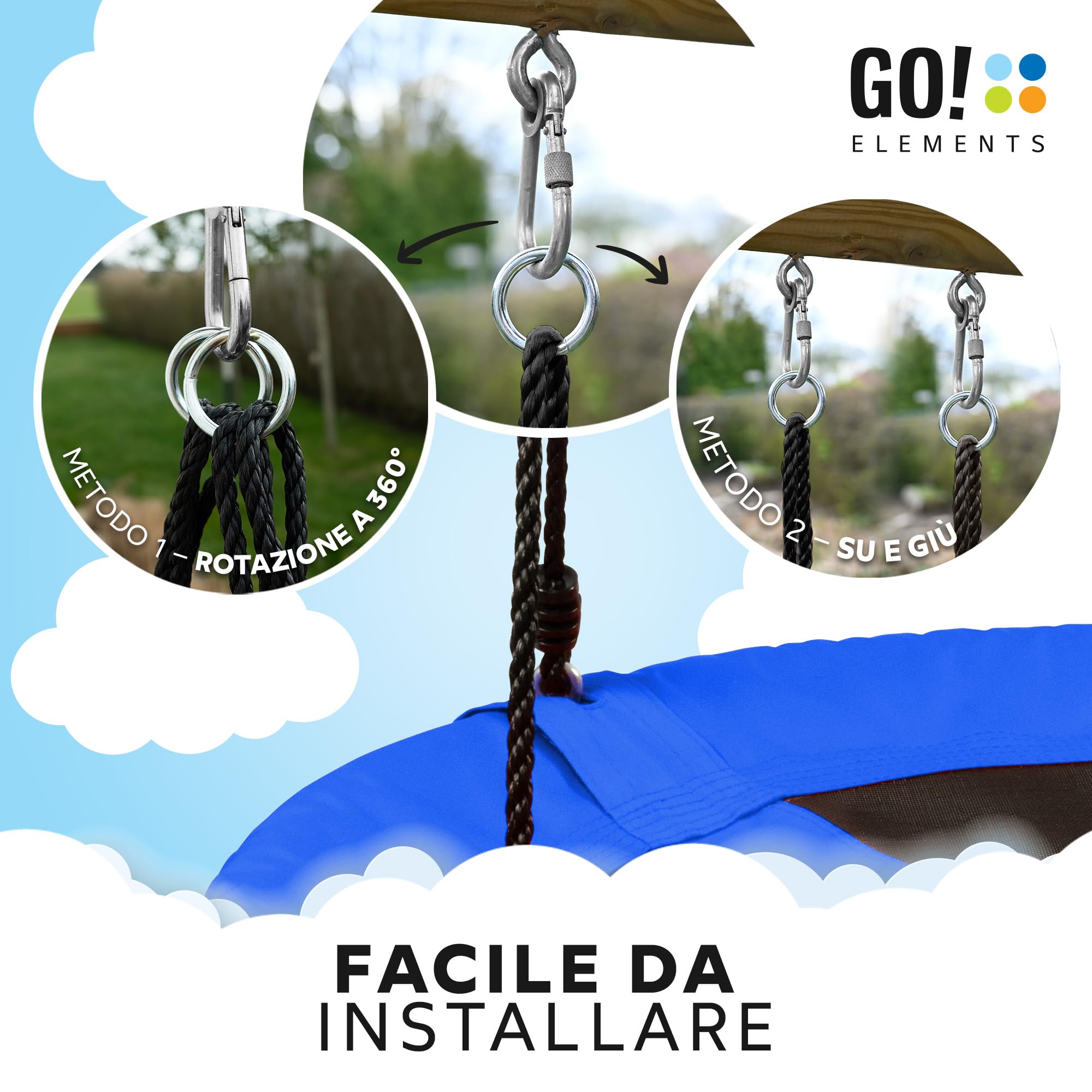 GO!elements altalena a nido | altalena rotonda per bambini | altalena per bambini & altalena adulti regolabile in altezza fino a 150 kg di capacità | Dimensioni: ø 80 cm, Colore: Blu