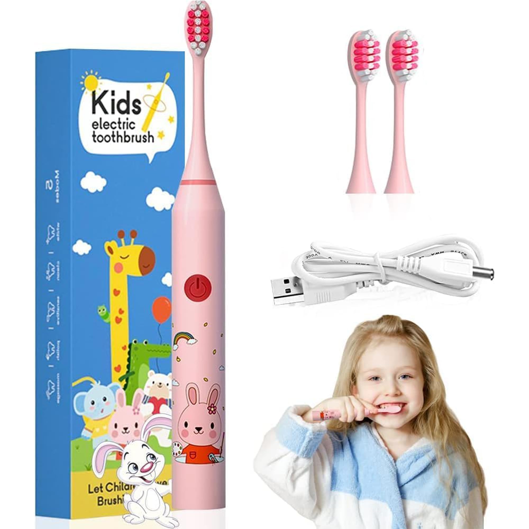 US1984 Sonic Electric Tooth Brush For Adults and Kids With 5 Modes, 3 Brush Heads, Rechargeable Electric Toothbrush, 2 Minute Timer, IPX7 Waterproof, Lasting Up To 30 Days, Power Toothbrush (Pink)
