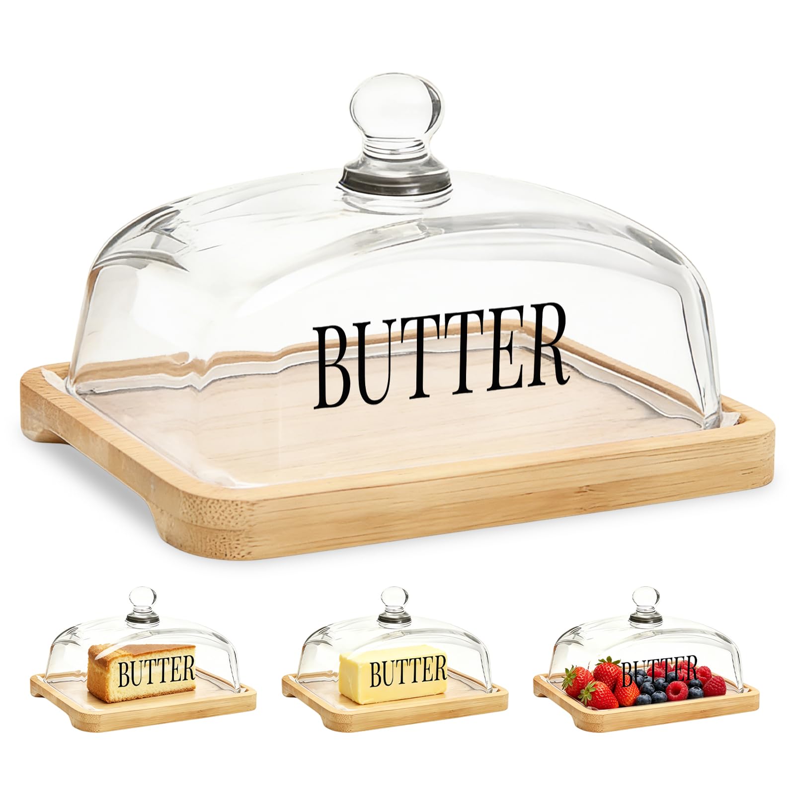 Butter Dish with Lid, Glass-Covered Butter Tray, 17.8x11.9x9.8 cm Thickened Wooden Butter Plate, Dome-Shaped Cake Cover with Top Bead, Suitable for Storing Butter, Margarine, Desserts, Cakes (Light)