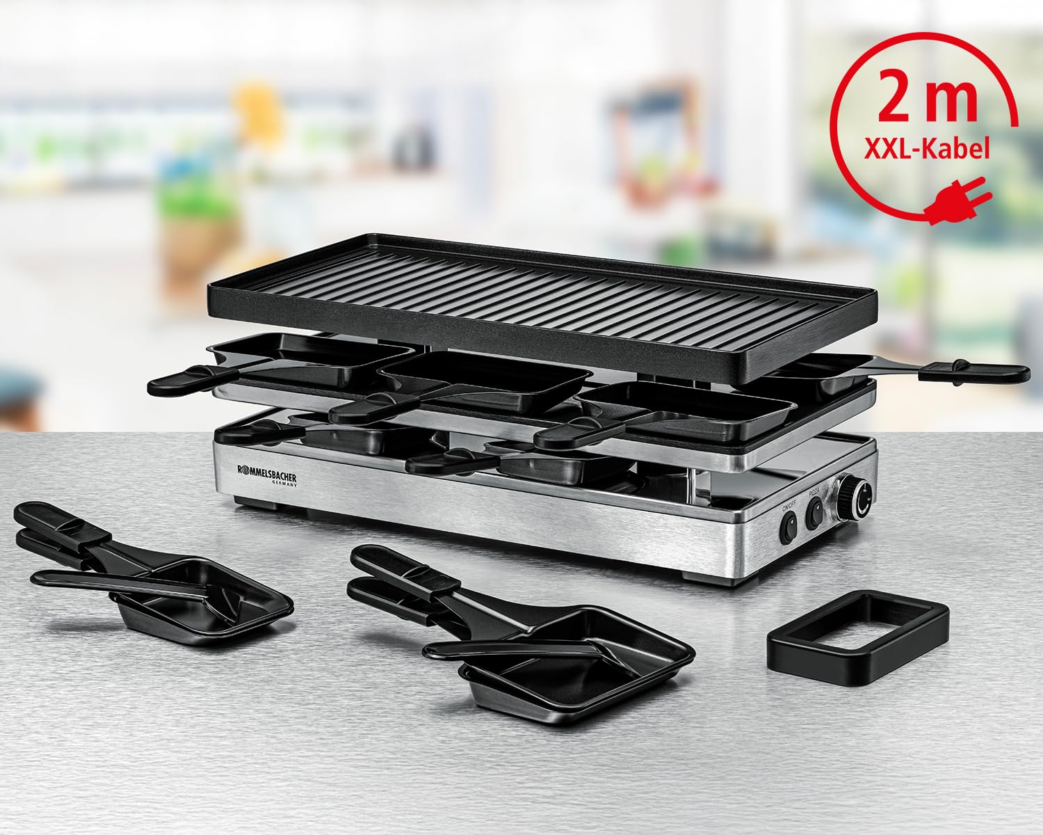 ROMMELSBACHER Pizza Raclette RCP 1800, Wendeplatte (Grillmuster/Crêpes), Pizzafunktion, keramische Antihaftbeschichtung (PFAS-frei), Parkdeck, 2 m Kabel, Ein/Ausschalter, stufenlose Temperaturregelung