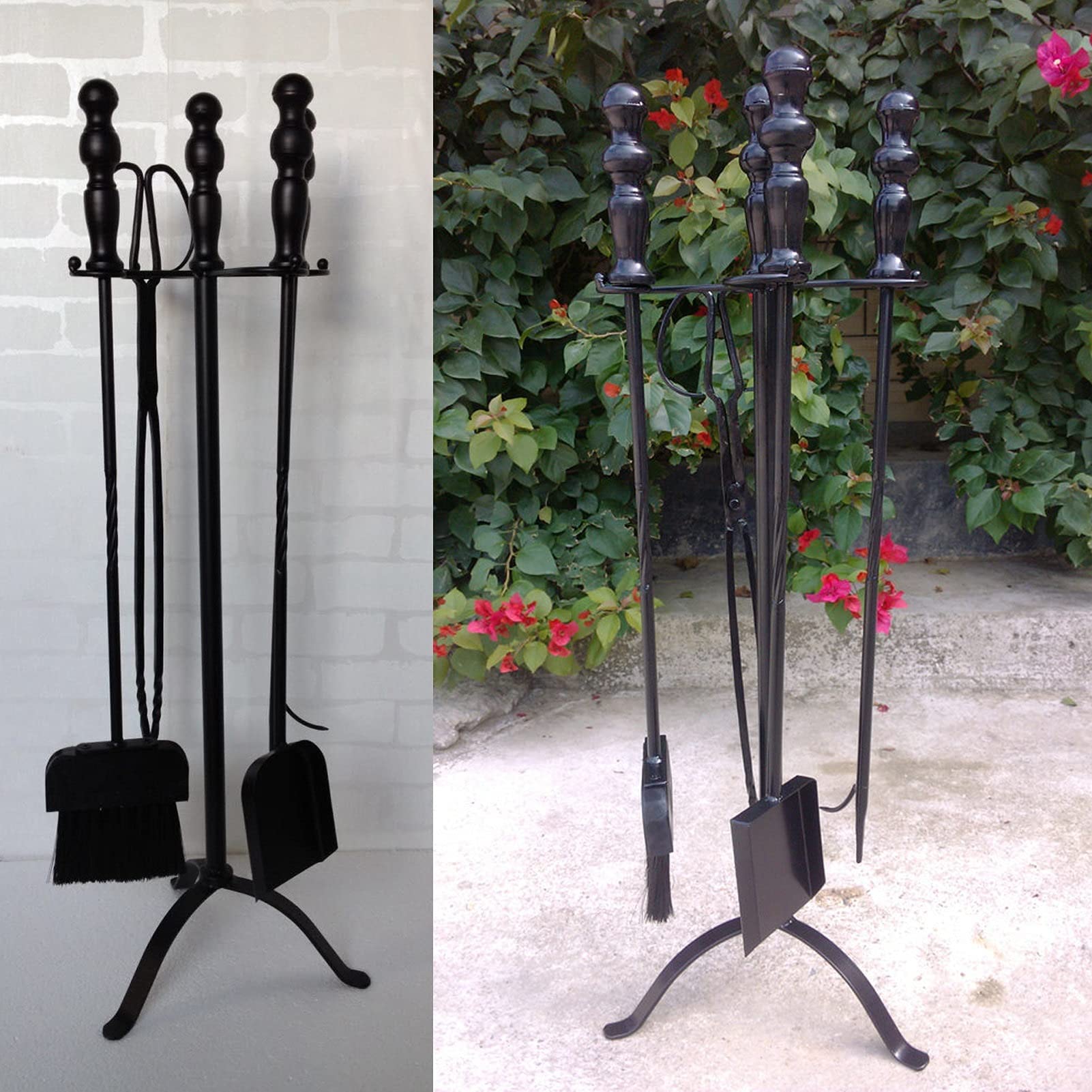 Set di 5 attrezzi per caminetto in ferro battuto resistente anticato, per uso esterno e interno, include supporto, pala e pinza, colore nero
