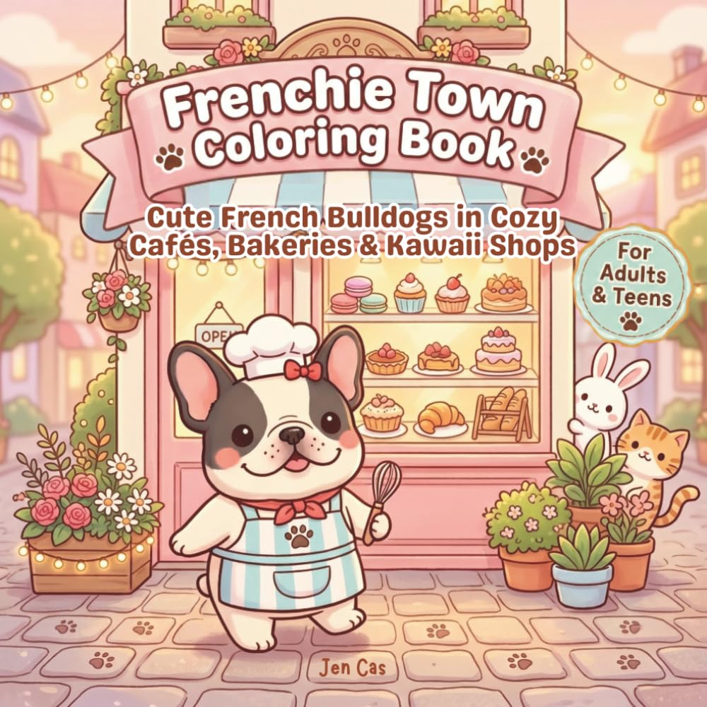 Frenchie Town Coloring Book: Cute French Bulldogs in Cozy Cafés, Bakeries & Kawaii Shops for Adults & Teens