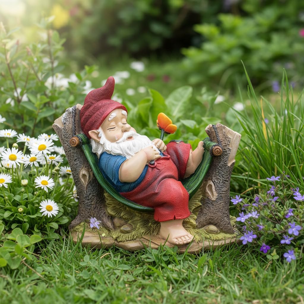Comfy Hour 8"x7" Garden Gnome Statues for Outdoor Decor, Rustic Antique Vintage Dwarf Figurine, Sleeping Gnome on Stump Statue for Yard Home Decor