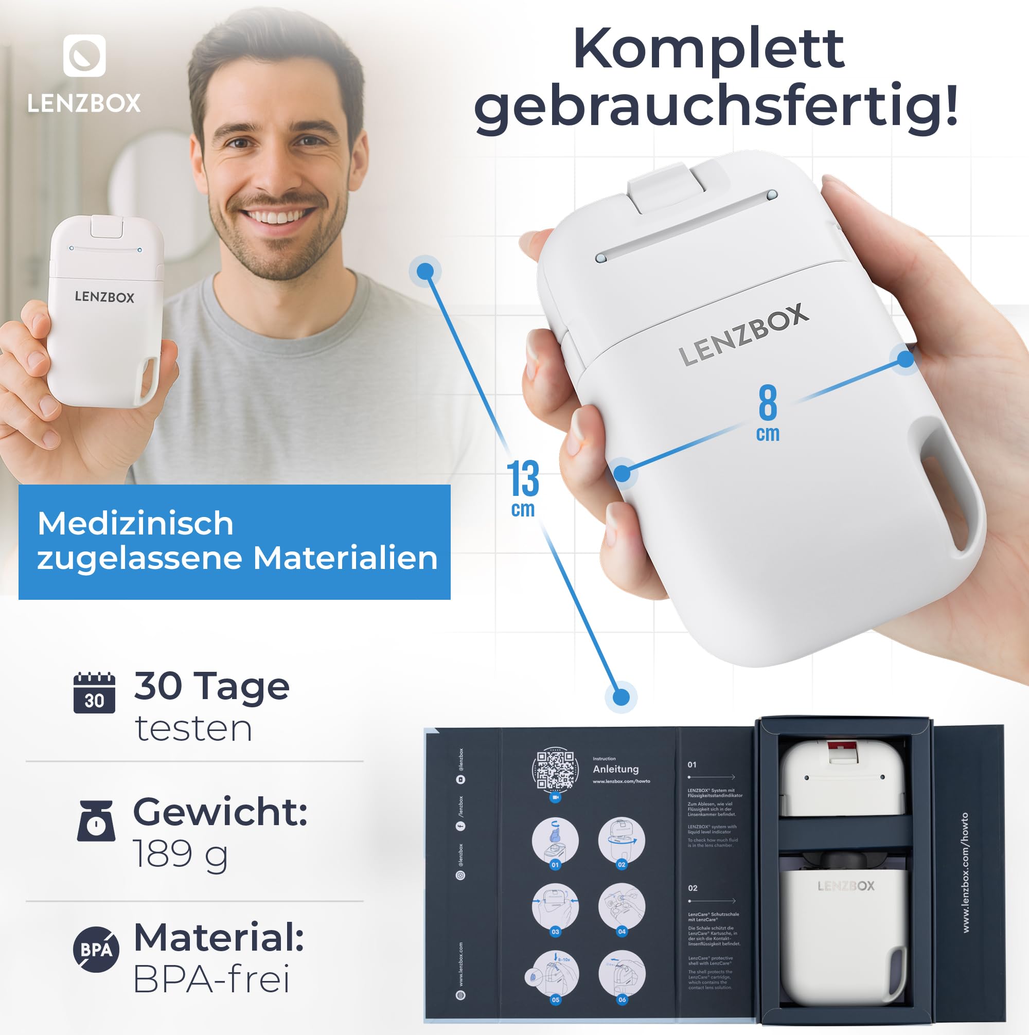Hard Set inkl. 3x LenzCare - Premium All-In-One Kontaktlinsenbox für harte Kontaktlinsen, Kontaktlinsenbehälter mit Flüssigkeit, reisetauglich & kompakt, Made in Germany, Farbe Fuchsia