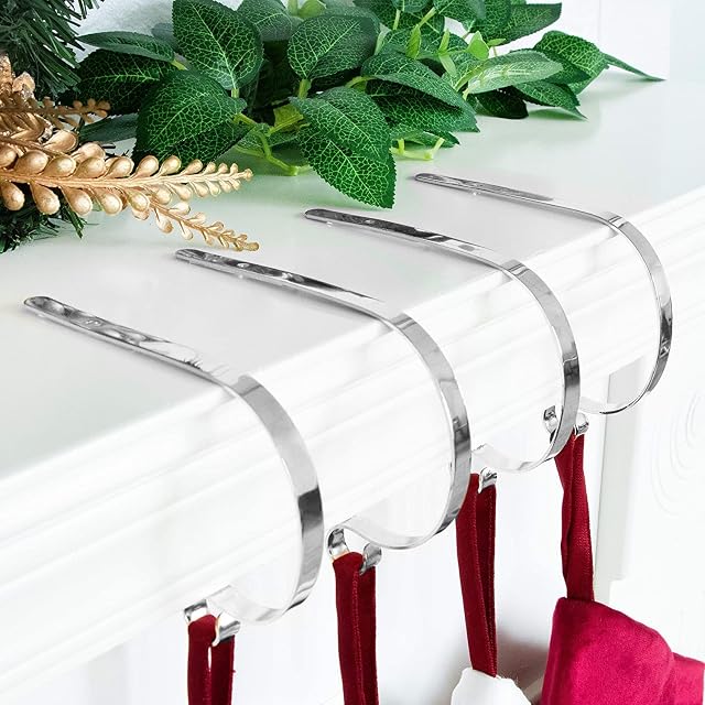 Set of 4 Metal Christmas Stocking Holder Hooks Xmas Fireplace Hanger Hooks with Scotch Tape Design Holiday Mantel Metal Grip for Hanging Christmas Party Decor Holiday Supplies Silver 4 Pack S