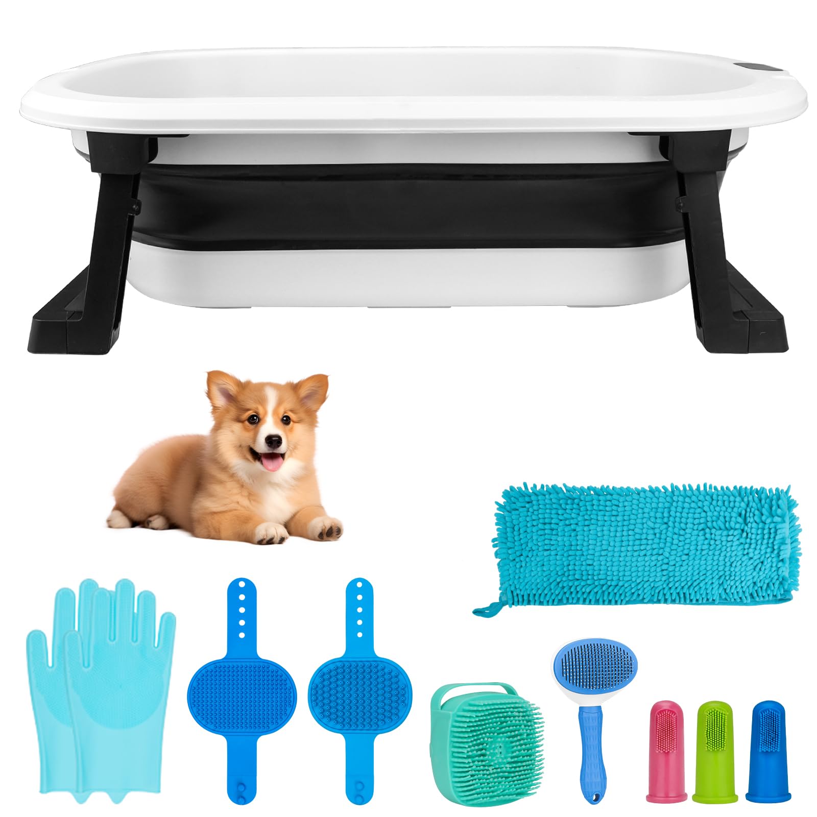 Dog Washing Dog Bathing Kit - Include Collapsible Pet Bathtub with Water Drain Plug,Cleaning Slicker Brush,Dog Shampoo Brush,Grooming Brush,Drying