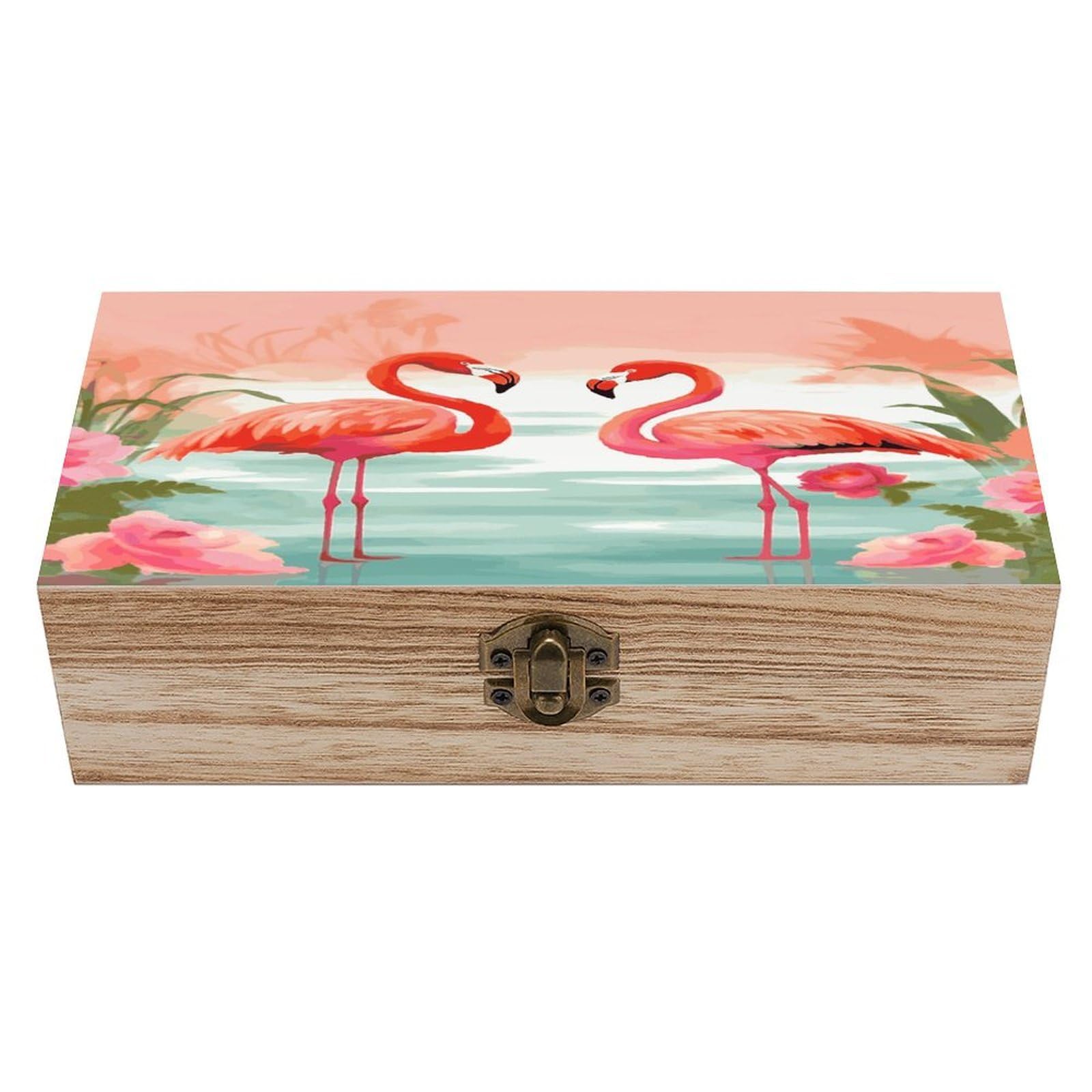 VstaDank Two Red Flamingos Wooden Storage Box Wooden Keepsake Box with A Hinged Lid Fashion Memory Treasure Boxes Decorative Jewelry Case for Crafts Photo Home Decor Wood Gift Box