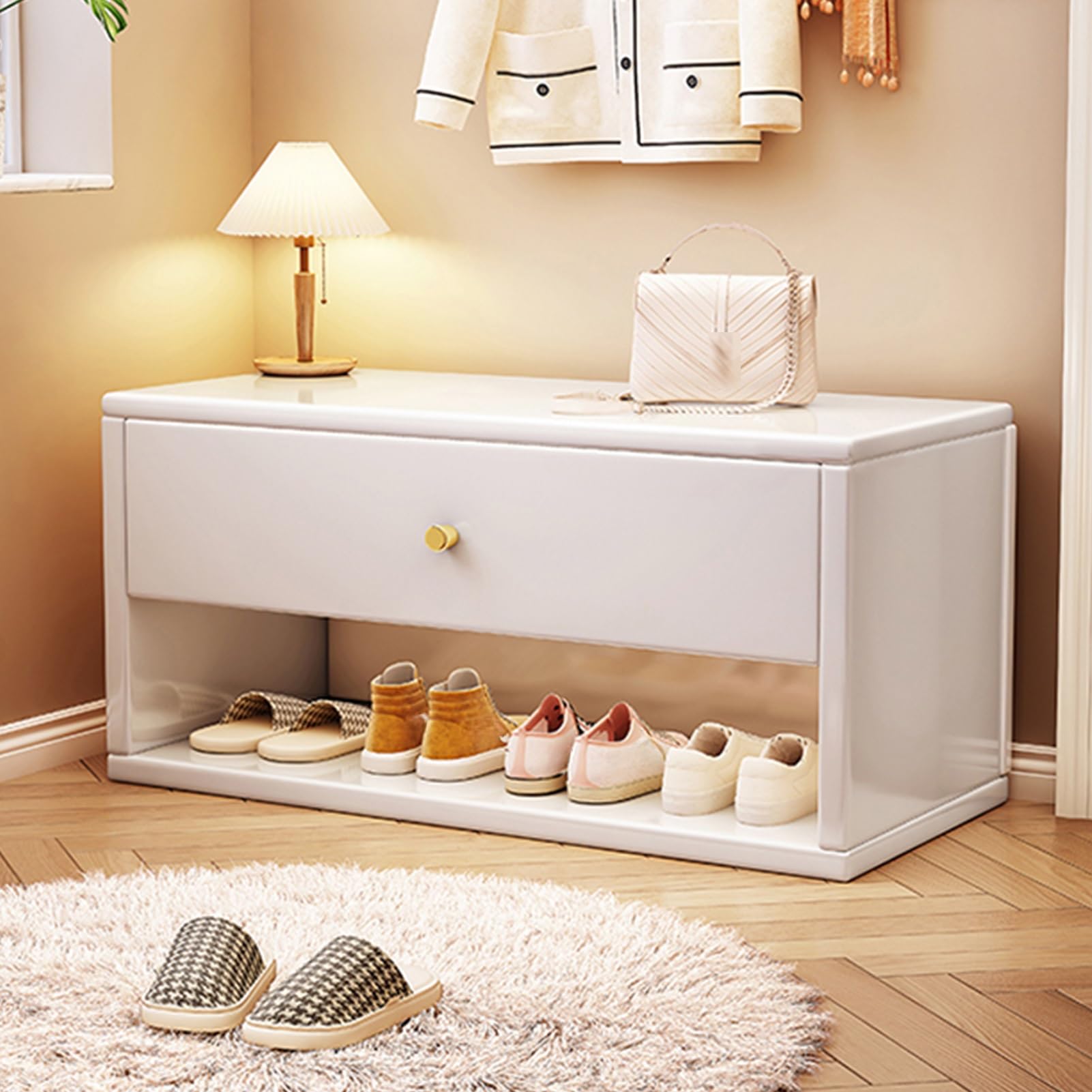 Banc de rangement à chaussures multifonctionnel en bois blanc avec tiroir pour entrée étroite
