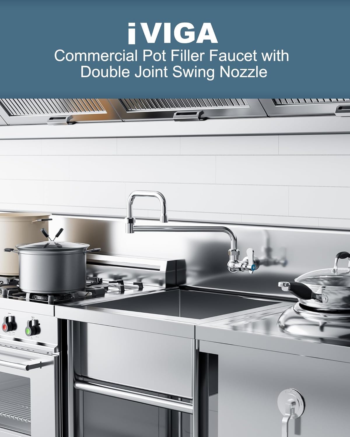 Commercial Kitchen Sink Pot Filler Faucet with Double Joint Swing Nozzle, Wall Mount Single Handle Control Cold Only Folding Faucet for Restaurant Bar - Image 2