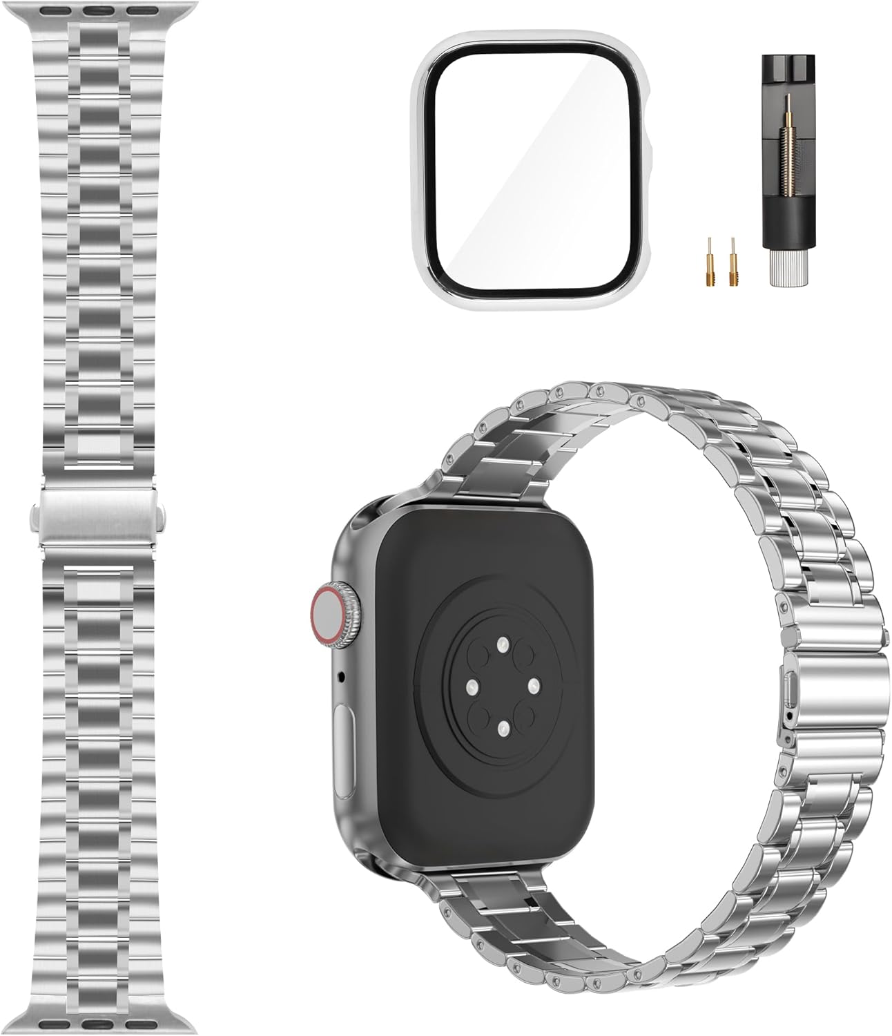 Solid Stainless Steel Band Compatible with Apple Watch 38mm 40mm 41mm 42mm 44mm 45mm, Bands with Screen Protector for iWatch Series 9/8/7/6/5/4/3/2/1/SE Women and Men