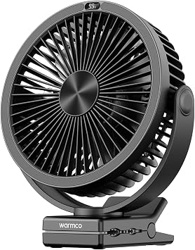Warmco 10000mAh Clip on Fan Battery Operated, Portable Rechargeable Desk Fan with LED Display, 4 Speeds, Quiet Airflow, 360 Rotation for Golf Cart, Treadmill, Camping, Bedroom