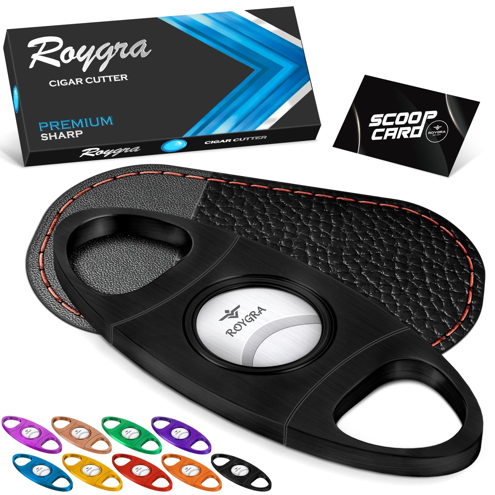 Cigar Cutter with Leather Protector, Stainless Steel Double Blade Guillotine (Black)