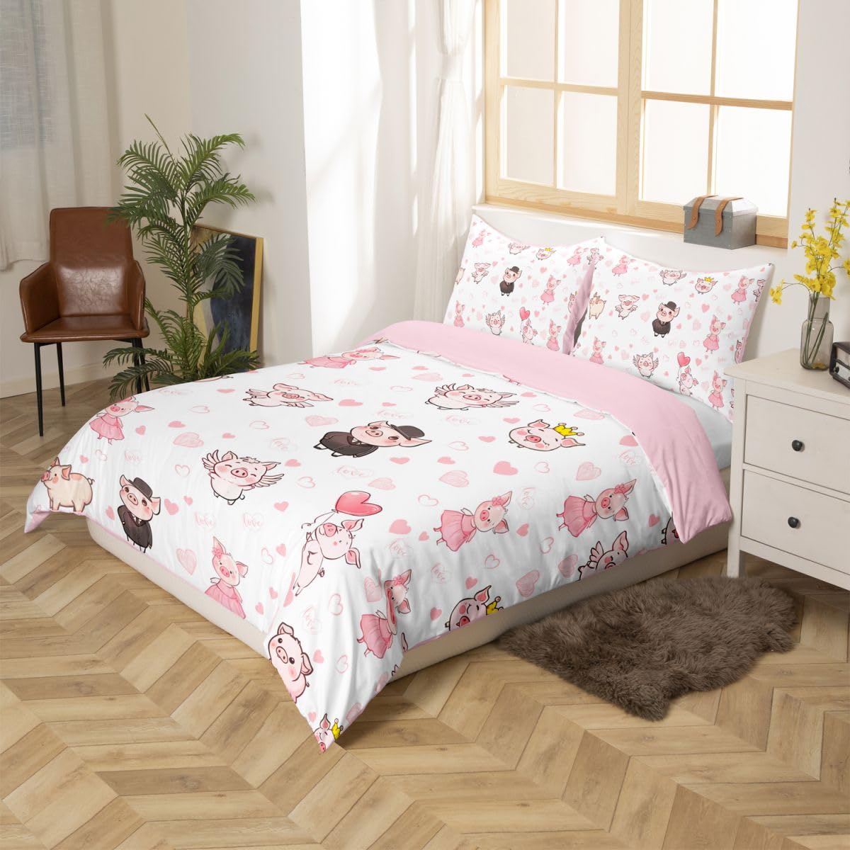 Homewish Kreskówka świnka król pościel miłość serce poszewka na kołdrę zestaw korona kawaii różowa świnka ręcznie rysowana poszewka na kołdrę skrzydła garnitur spódnica balon pościel zestawy łóżek