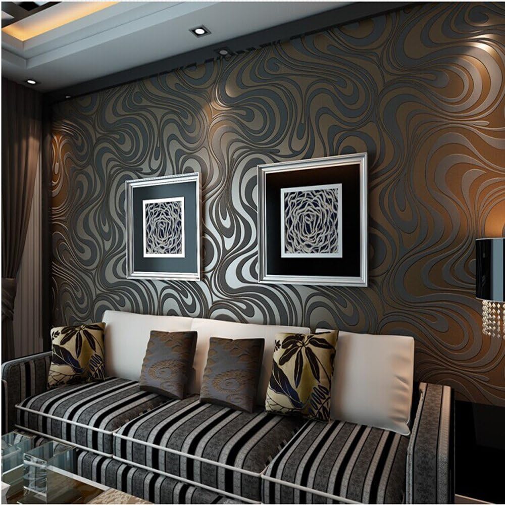 Q QIHANG 10M Modern Luxury Abstract Curve 3D Wallpaper Roll Mural Paper Parede Flocking for Striped Black&Brown Color 0.7m*8.4m=5.88SQM