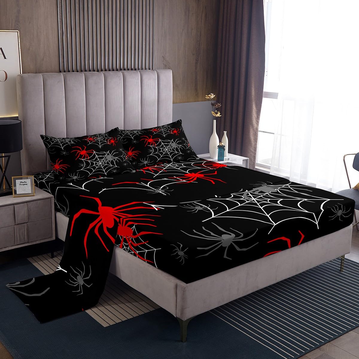Red Black White Cobweb Sheet Set Full Size, Scary Halloween Decorations Bed Sheets Set Scary Spider Sheets with Deep Pocket Fitted Sheet Kids Toddler Red Black Gray Animal Bedding Set 4Pcs