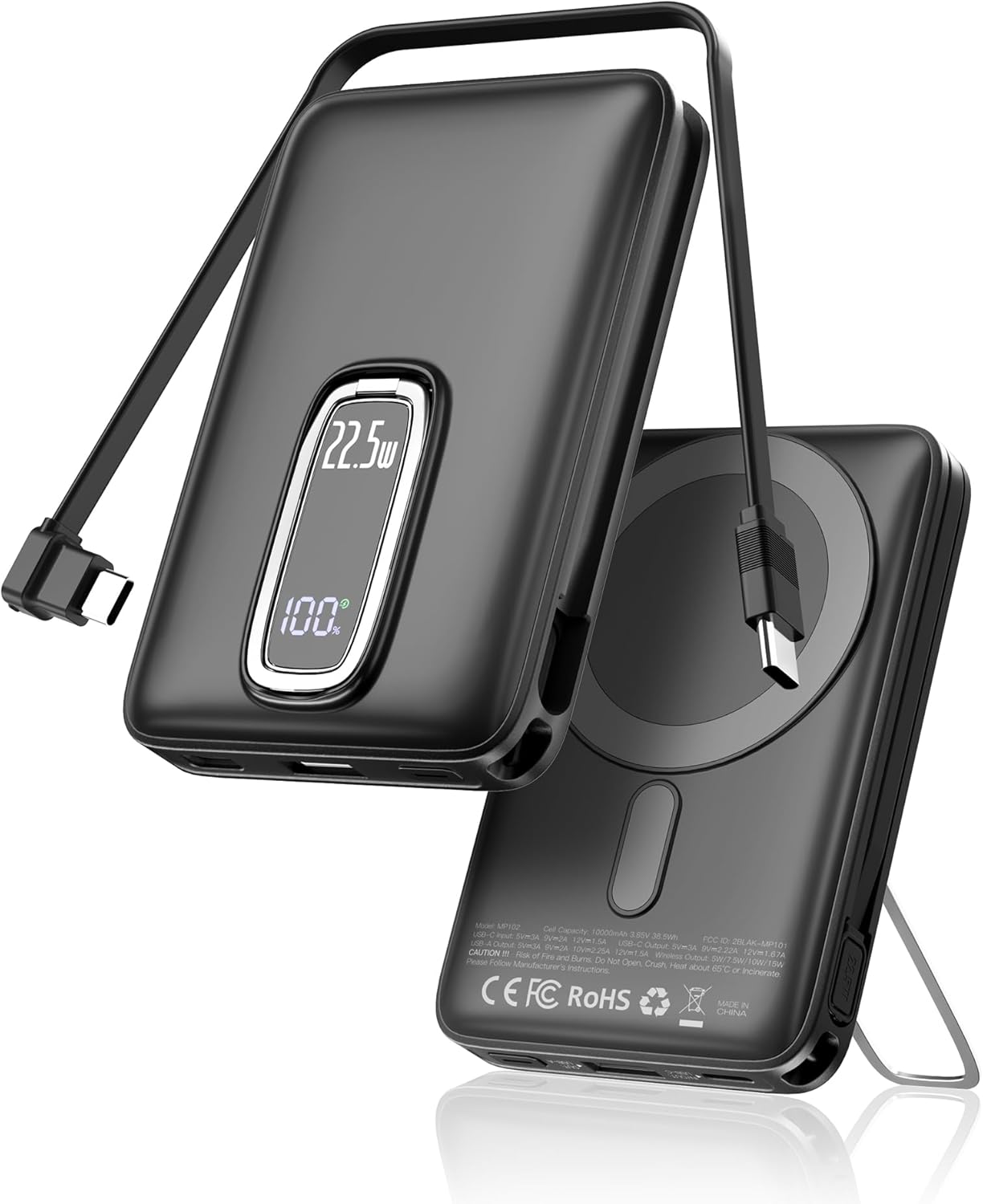 For Magsafe Power Bank Fast Charging, 22.5W 10000mAh Magnetic Portable Charger iPhone with Built-in Cables, Stand and LED Display Wireless PowerBank, PD3.0 Battery Pack For iPhone 17/16 /15/14/13/12