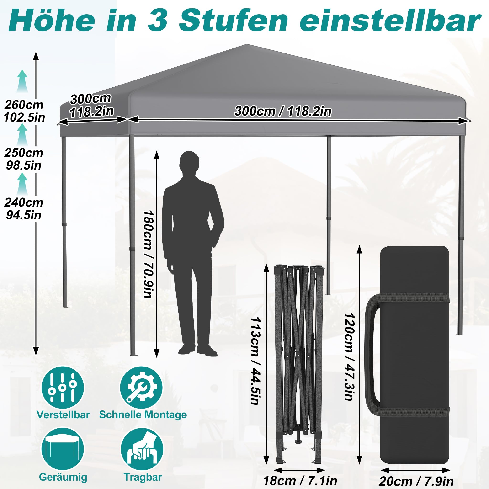 YRHome Składany pawilon 3 x 3 m, wodoszczelny, ochrona przed promieniowaniem UV, namiot imprezowy z torbą, linkami i kołkami do wbijania w ziemię, z regulacją wysokości, na kemping, do ogrodu, na