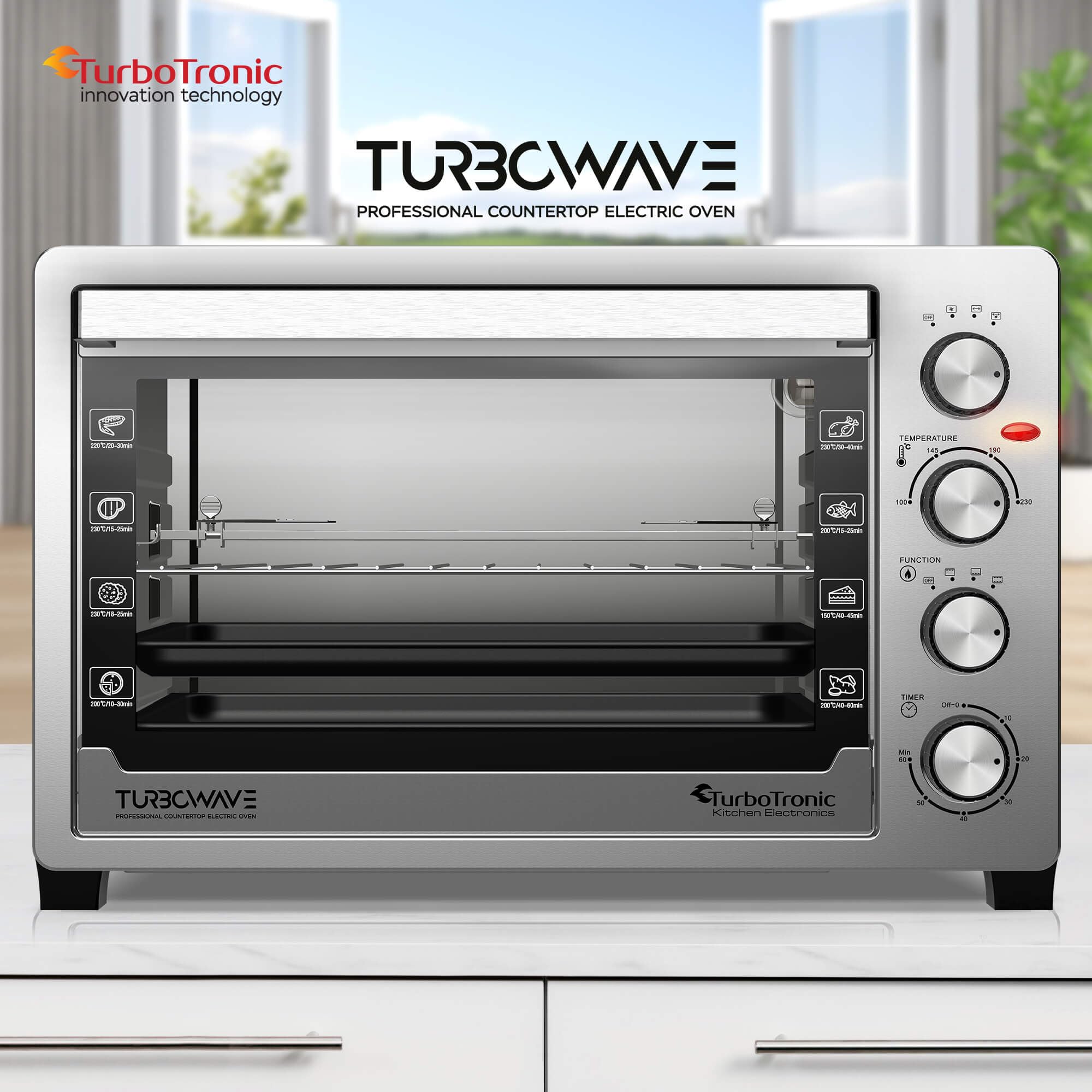 TurboTronic Elektrobacköfen mit Umluft, Grill & Drehspieß | 30 L, 38 L & 45 L Edelstahl-Tischbacköfen mit Timer & Doppelglastür für Pizza, Braten, Aufläufe (45L)