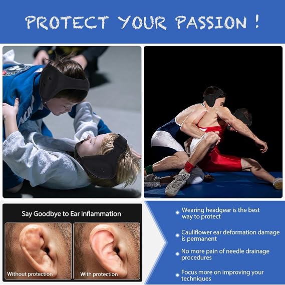 Wrestling Headgear and BJJ Ear Guard, Soft and Low Profile, Reinforced Stitching, Padded Chin Strap, Includes Protective Storage & Washing Bag