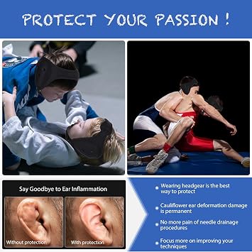 Wrestling Headgear and BJJ Ear Guard, Soft and Low Profile, Reinforced Stitching, Padded Chin Strap, Includes Protective Storage & Washing Bag