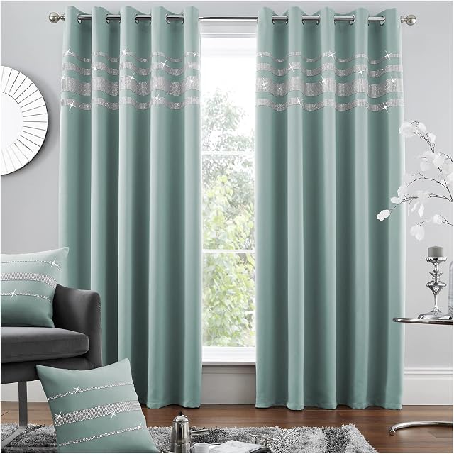 GC GAVENO CAVAILIA Eyelet Darkening Blackout Luxury Thermal Curtains For Living Room, Polyester Diamante Shiny Ring Curtain, 66X72 Inch, Duck Egg