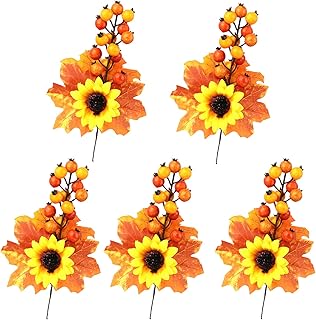 ASSR 5 steli autunnali di girasole, rami di acero artificiali, stelo in foglia di acero con bacche, zucca, decorazione per Natale, Ringraziamento