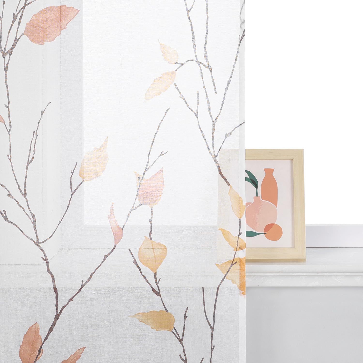 ESLIR Schiebegardinen Set 2er Flächenvorhänge Gardinen mit Klettband Schiebevorhang Transparent Vorhang mit Blätterdruckmuster Landhaus Orange BxH 57x175 cm 2 Stück