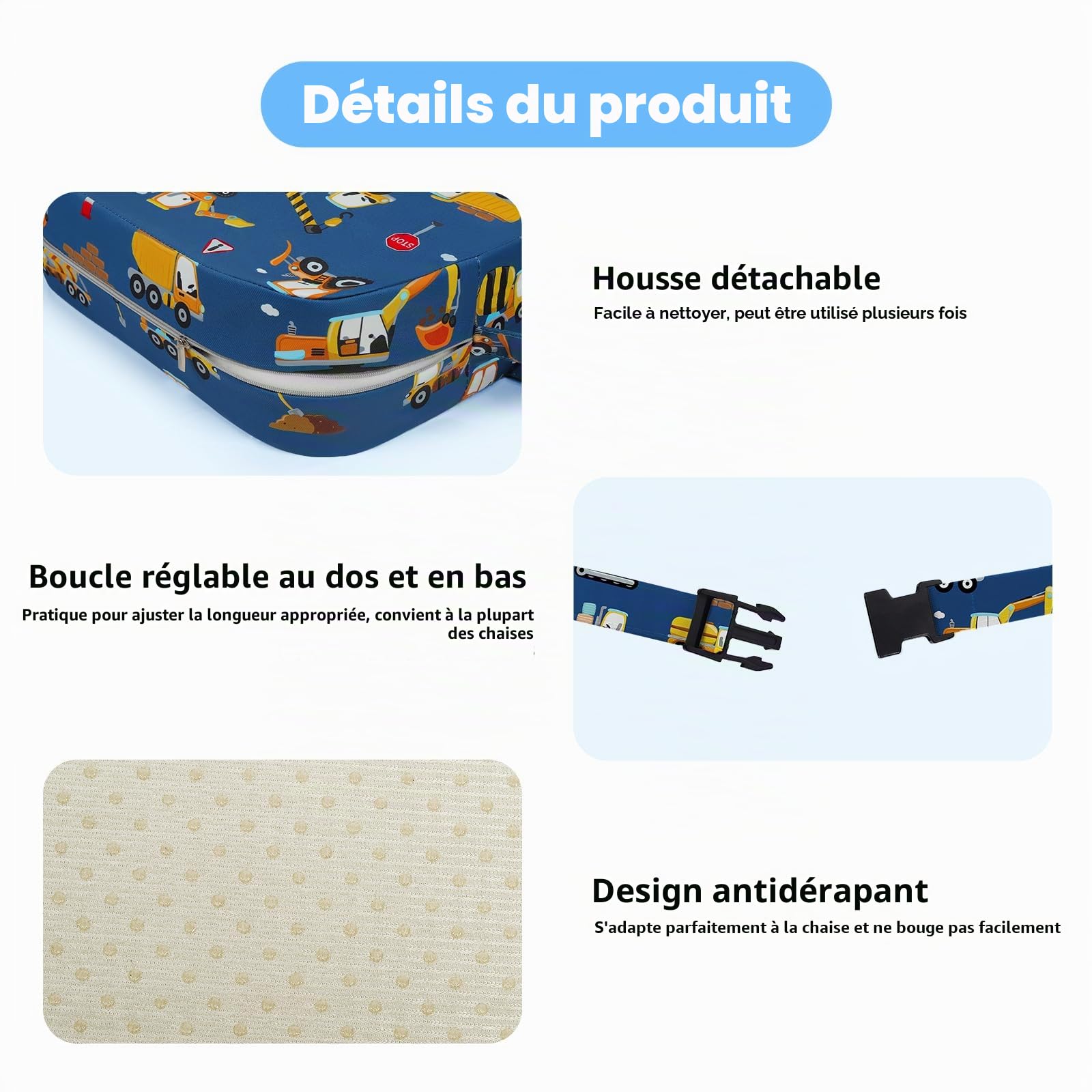 Rehausseur Chaise Enfant, Lavable Coussin Rehausseur avec 2 Sangles Réhausseurs pour Enfant 32 x 32 x 10 cm - Excavatrice