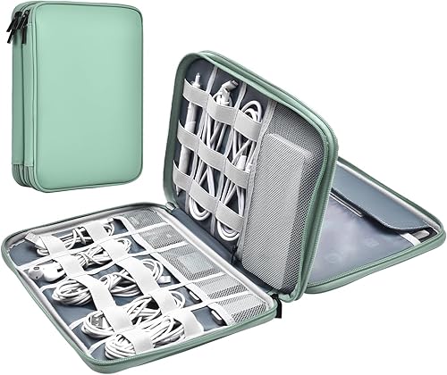 Miniatura 11 de Organizador de cables de cuero para viaje, impermeable, organizador de cables de viaje, portátil, organizador técnico, estuche de viaje para Verde