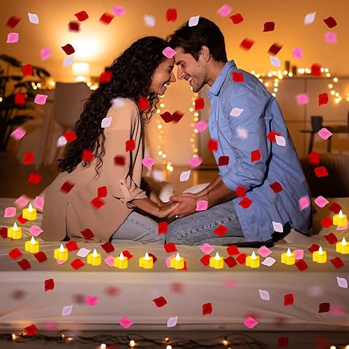 Miniatura 2 de Honoson Juego de 24 velas LED sin llama con 1000 pétalos artificiales para una noche romántica, boda, fiesta, aniversario, decoración de San