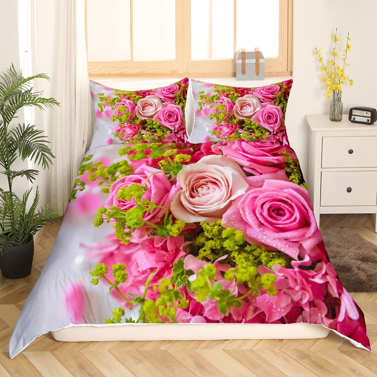 Feelyou Pink Roses Duvet Cover Set Twin Size Valentine's Day Bedding Set for Her Kids Teens Girls Lovers Couple Wife Rose Flowers Room Decor Valentines Floral Comforter Cover with 1 Pillow Shams