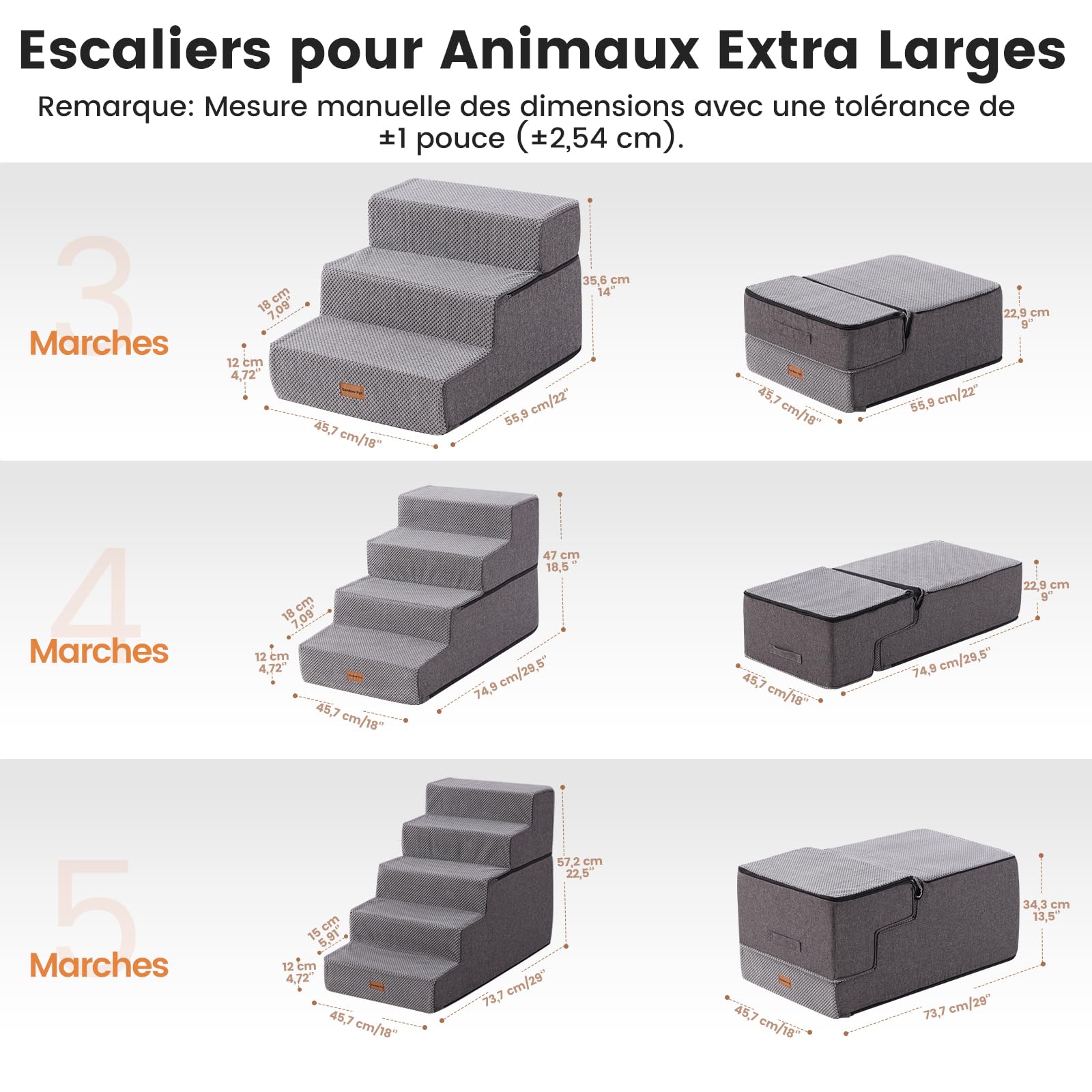 Gardner Pet Escaliers pour Chiens à 3 Marches en Éponge Haute Densité, Échelle Large pour Animaux de Compagnie avec Housse Amovible, Escaliers Chien Antidérapant pour Monter Canapé et Lit -Gris